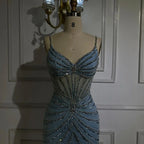Dubai Blue Spaghetti Strap Mermaid Split Beaded Luxury Evening Dresses Gowns for Women Wedding Party 2025 LA72439