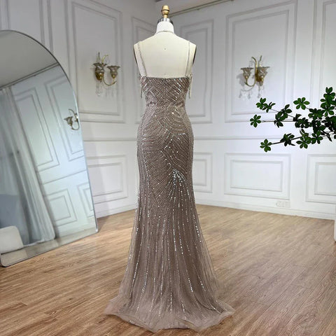 Dubai Caramel Luxury Beaded Spaghetti Strap Mermaid Evening Dresses Gowns for Women Wedding Party 2025 LA72501
