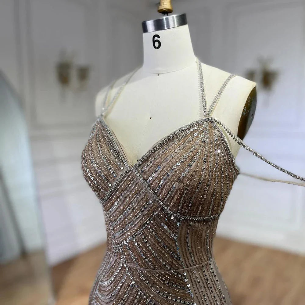 Dubai Caramel Luxury Beaded Spaghetti Strap Mermaid Evening Dresses Gowns for Women Wedding Party 2025 LA72501