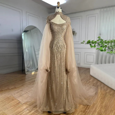 Dubai Caramel Mermaid Long Cloak Beaded Pearls Luxury Evening Dresses Gowns For Women Wedding Party 2025 LA72223