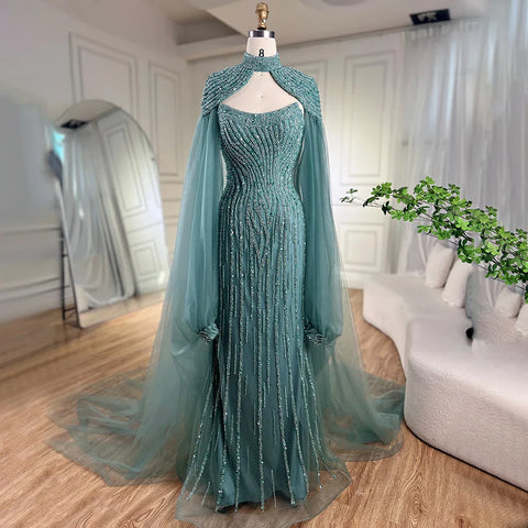 Dubai Caramel Mermaid Long Cloak Beaded Pearls Luxury Evening Dresses Gowns For Women Wedding Party 2025 LA72223
