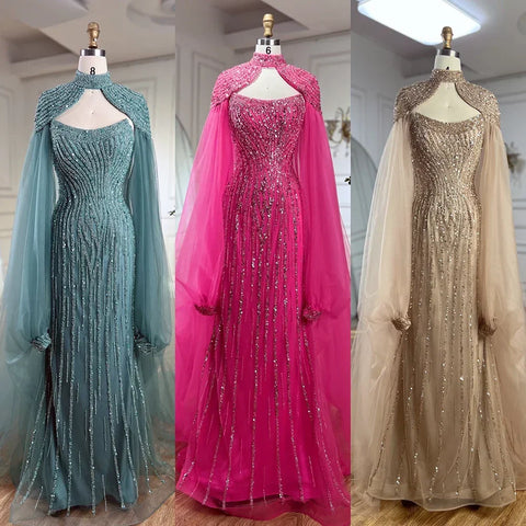 Dubai Caramel Mermaid Long Cloak Beaded Pearls Luxury Evening Dresses Gowns For Women Wedding Party 2025 LA72223
