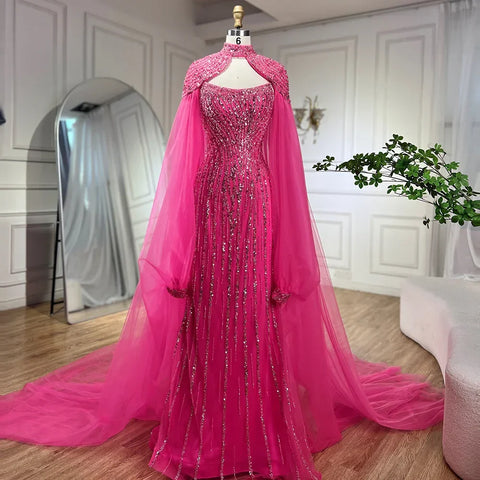Dubai Caramel Mermaid Long Cloak Beaded Pearls Luxury Evening Dresses Gowns For Women Wedding Party 2025 LA72223