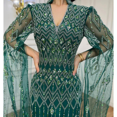 Vestido de noche árabe de sirena verde con capa, de diseñador de Dubái, vestidos formales de lujo para mujer, fiesta de boda LA72094 