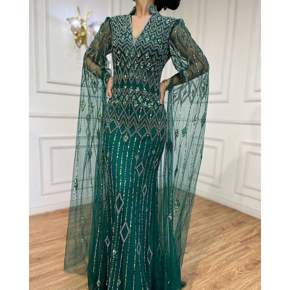 Dubai Designer Green Mermaid Arabic Evening Dress With Cape Luxury Formal Dresses for Women Wedding Party LA72094