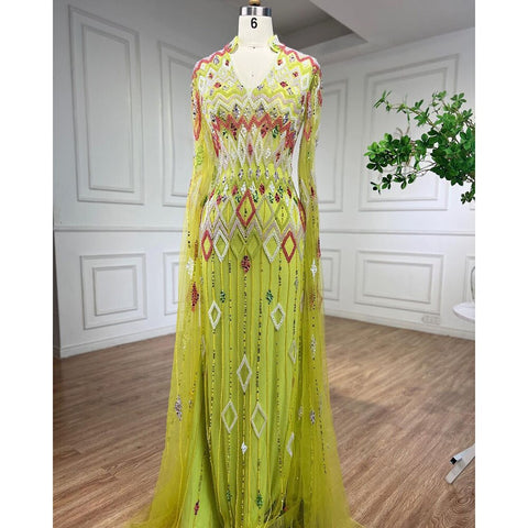 Vestido de noche árabe de sirena verde con capa, de diseñador de Dubái, vestidos formales de lujo para mujer, fiesta de boda LA72094 