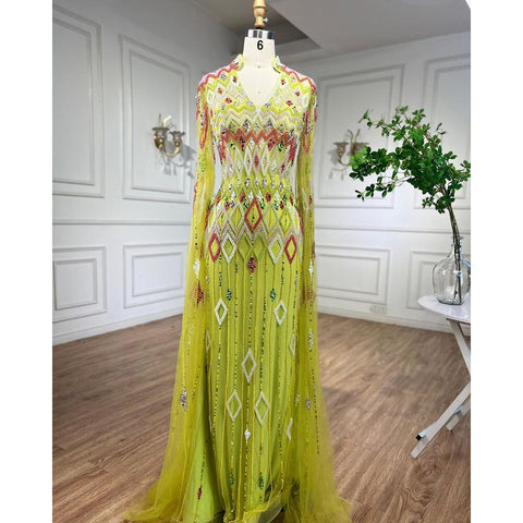 Vestido de noche árabe de sirena verde con capa, de diseñador de Dubái, vestidos formales de lujo para mujer, fiesta de boda LA72094 