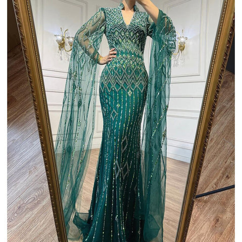 Vestido de noche árabe de sirena verde con capa, de diseñador de Dubái, vestidos formales de lujo para mujer, fiesta de boda LA72094 