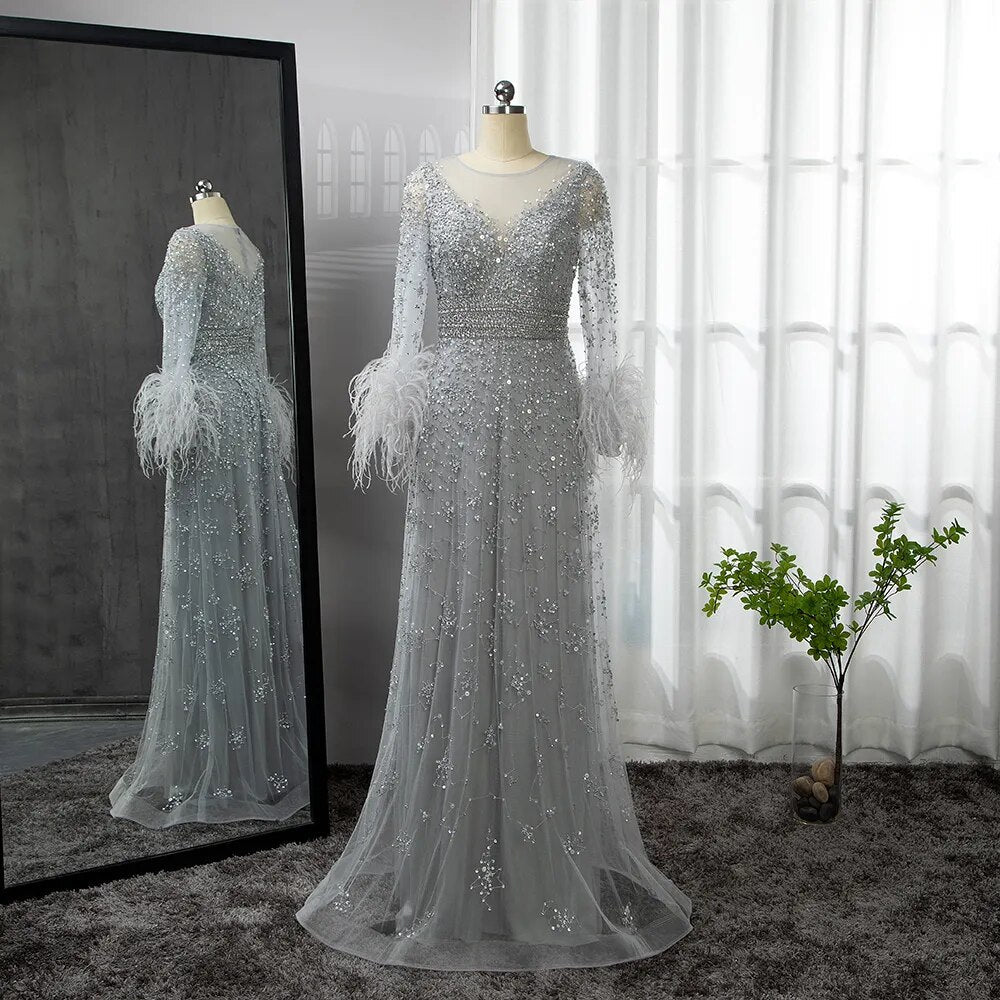 Elegant Champagne Feathers Long Sleeves Evening Dresses LA71654