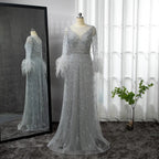 Elegant Champagne Feathers Long Sleeves Evening Dresses LA71654