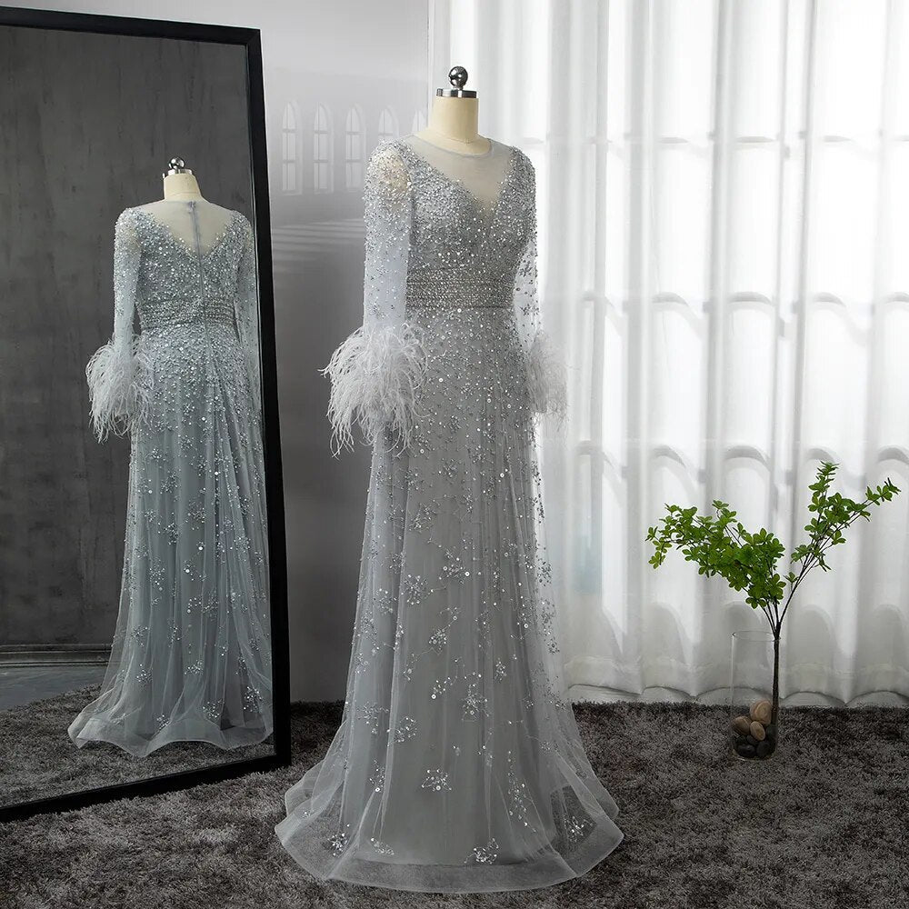 Elegant Champagne Feathers Long Sleeves Evening Dresses LA71654