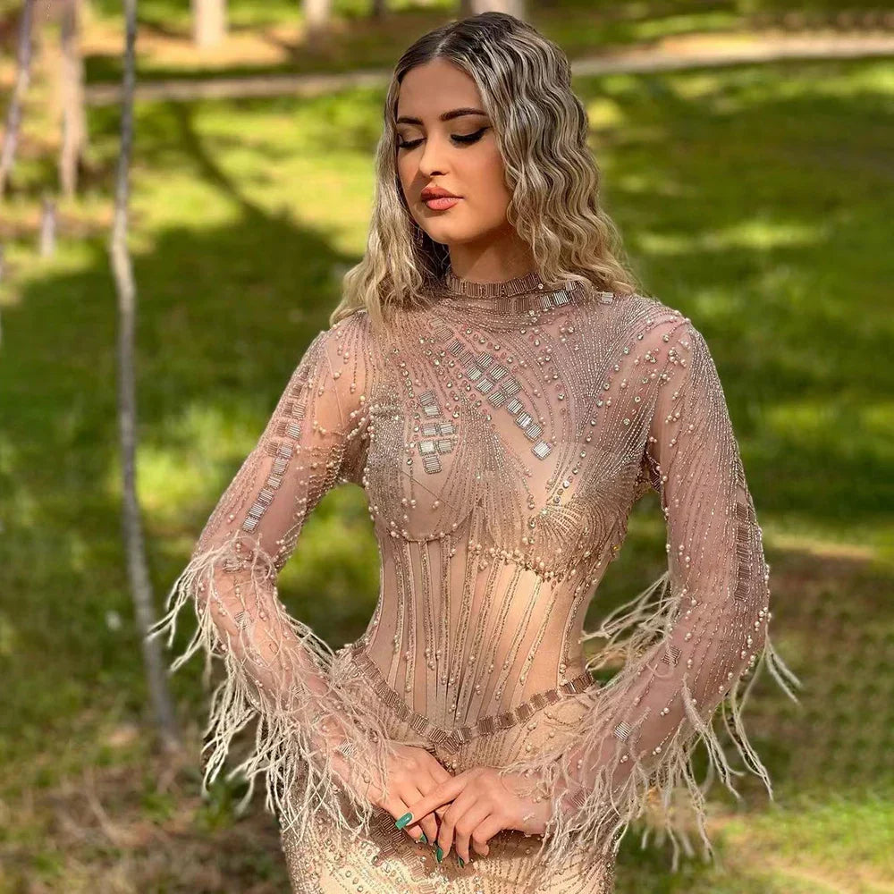 Dubai Gowns Nude Illusion Pearls Beaded Feathers Mermaid Long Evening Dresses 2025 for Women Wedding Party LA72245