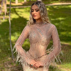 Dubai Gowns Nude Illusion Pearls Beaded Feathers Mermaid Long Evening Dresses 2025 for Women Wedding Party LA72245