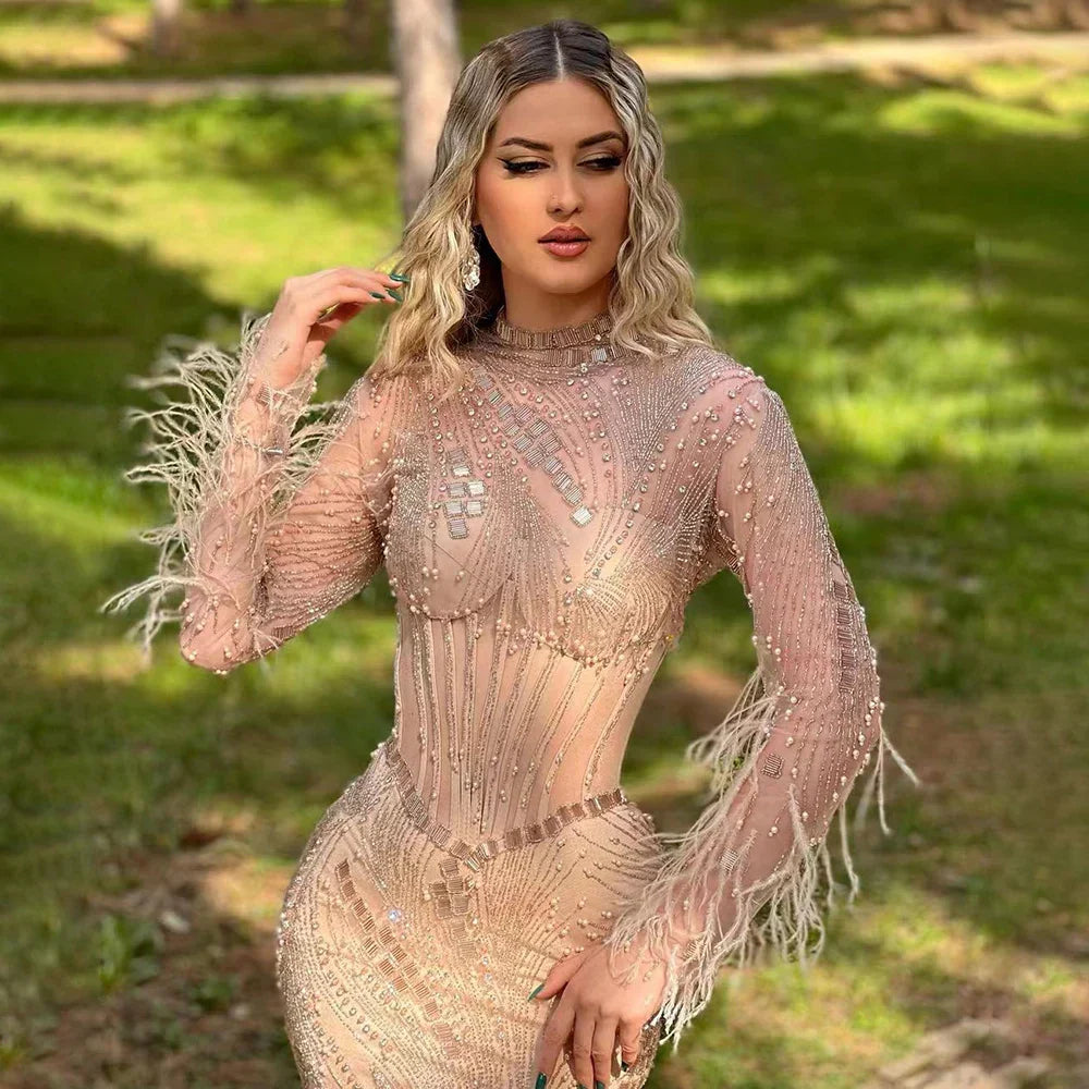 Dubai Gowns Nude Illusion Pearls Beaded Feathers Mermaid Long Evening Dresses 2025 for Women Wedding Party LA72245