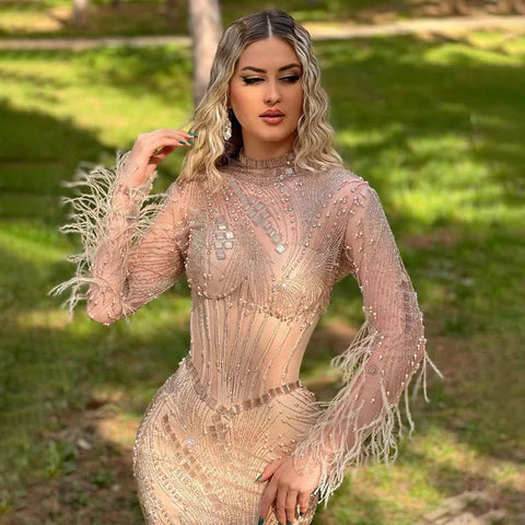 Dubai Gowns Nude Illusion Pearls Beaded Feathers Mermaid Long Evening Dresses 2025 for Women Wedding Party LA72245