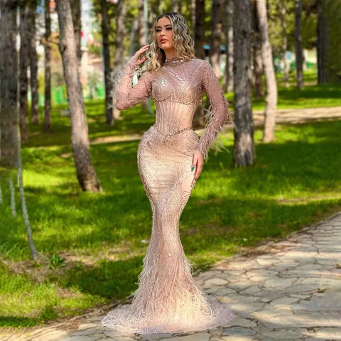 Dubai Gowns Nude Illusion Pearls Beaded Feathers Mermaid Long Evening Dresses 2025 for Women Wedding Party LA72245