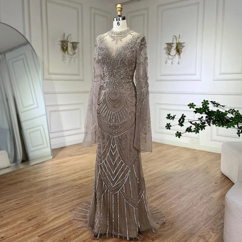 Dubai Gray Elegant Mermaid Beaded Lace Arabic Luxury Evening Dresses Gowns 2025 for Women Wedding Party LA72517