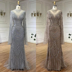 Dubai Gray Elegant Mermaid Beaded Lace Arabic Luxury Evening Dresses Gowns 2025 for Women Wedding Party LA72517