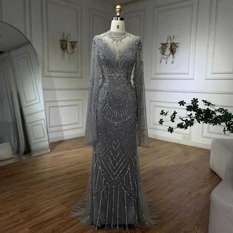 Dubai Gray Elegant Mermaid Beaded Lace Arabic Luxury Evening Dresses Gowns 2025 for Women Wedding Party LA72517