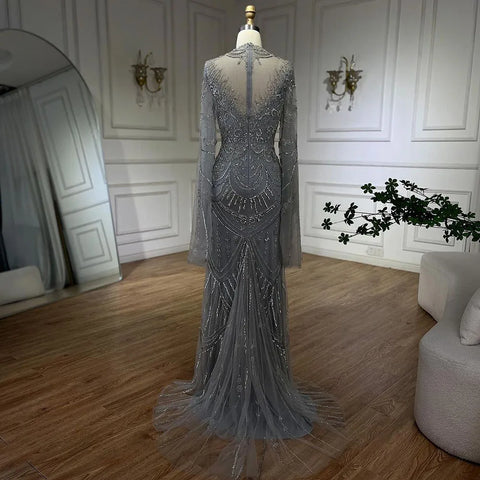 Dubai Gray Elegant Mermaid Beaded Lace Arabic Luxury Evening Dresses Gowns 2025 for Women Wedding Party LA72517