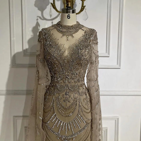 Dubai Gray Elegant Mermaid Beaded Lace Arabic Luxury Evening Dresses Gowns 2025 for Women Wedding Party LA72517