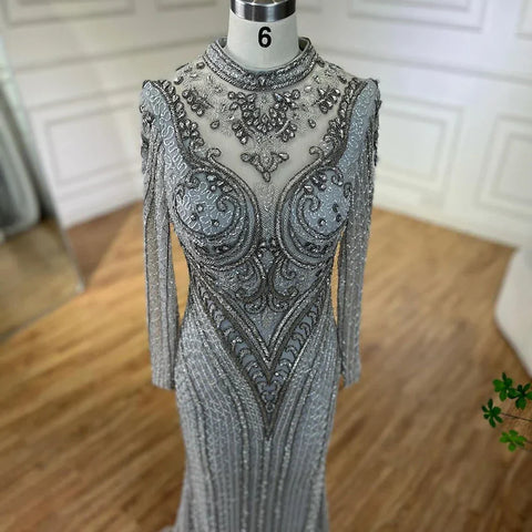 Dubai Gray Mermaid Elegant Lace Crystal Beaded Luxury Evening Dresses Gowns For Women Wedding Party 2025 LA72516