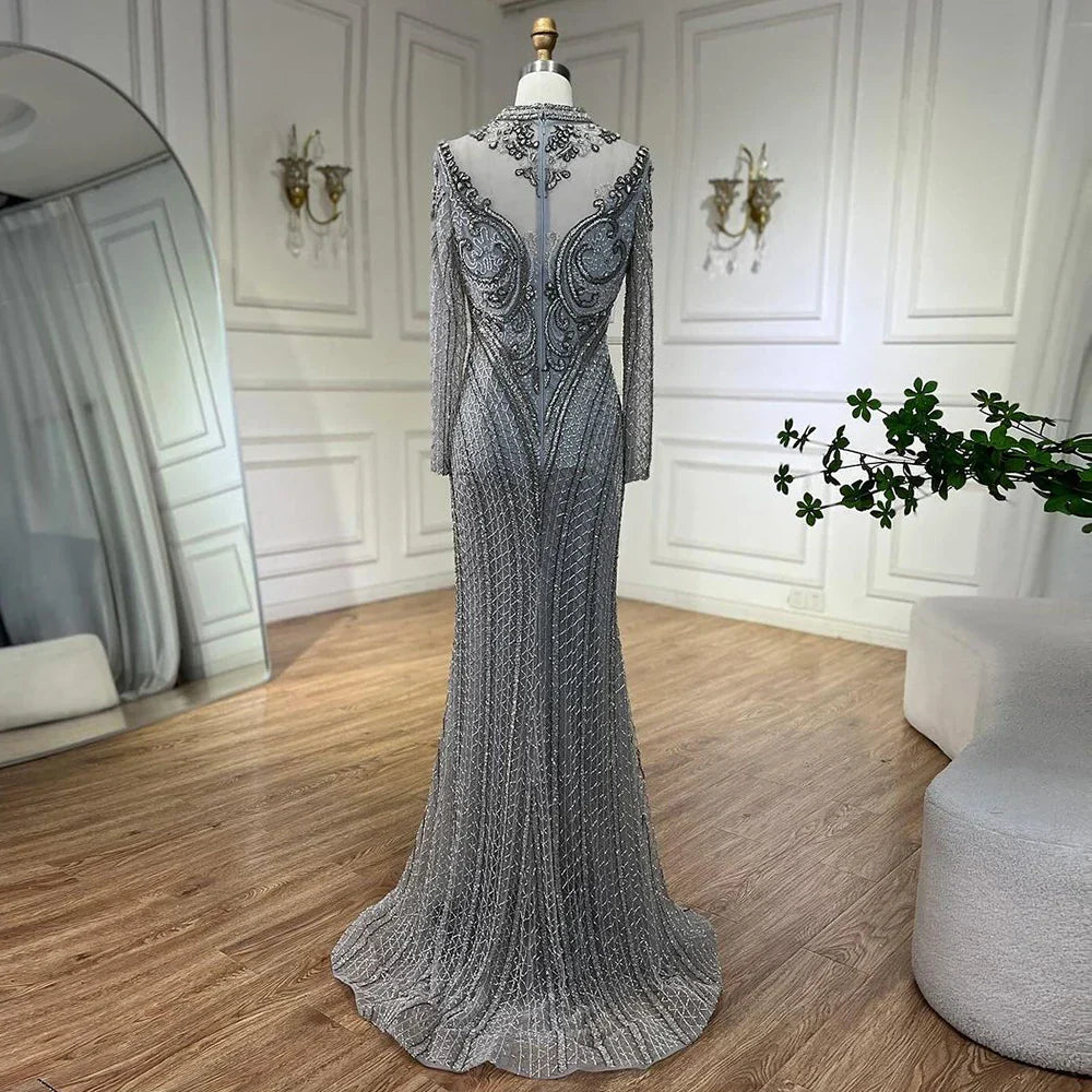 Dubai Gray Mermaid Elegant Lace Crystal Beaded Luxury Evening Dresses Gowns For Women Wedding Party 2025 LA72516