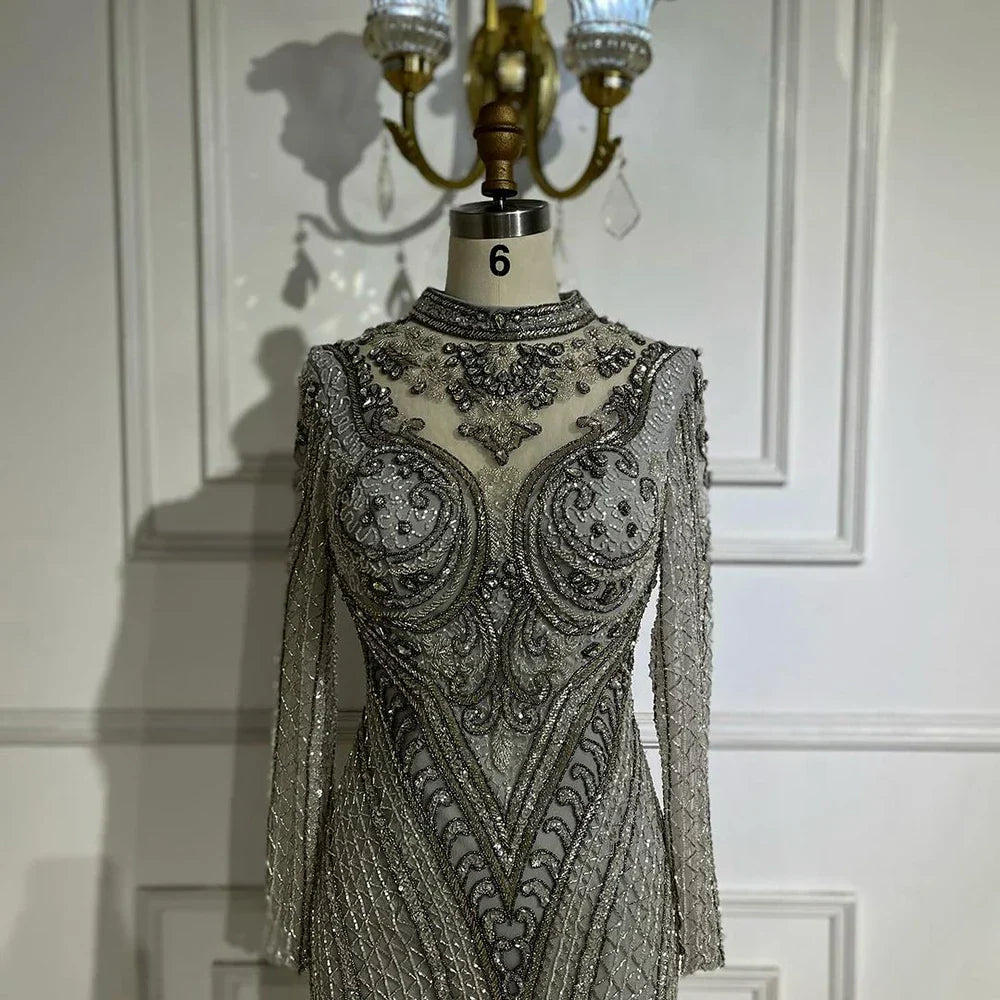 Dubai Gray Mermaid Elegant Lace Crystal Beaded Luxury Evening Dresses Gowns For Women Wedding Party 2025 LA72516