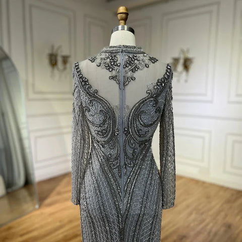 Dubai Gray Mermaid Elegant Lace Crystal Beaded Luxury Evening Dresses Gowns For Women Wedding Party 2025 LA72516