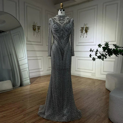 Dubai Gray Mermaid Elegant Lace Crystal Beaded Luxury Evening Dresses Gowns For Women Wedding Party 2025 LA72516