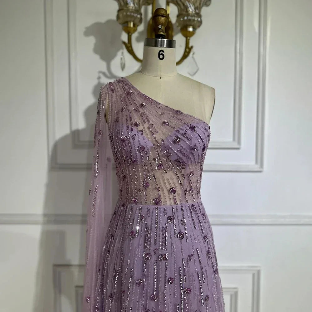 Dubai Green A Line One Shoulder Cape Sleeves Beaded Luxury Evening Dresses Gowns for Women Wedding Party LA72503