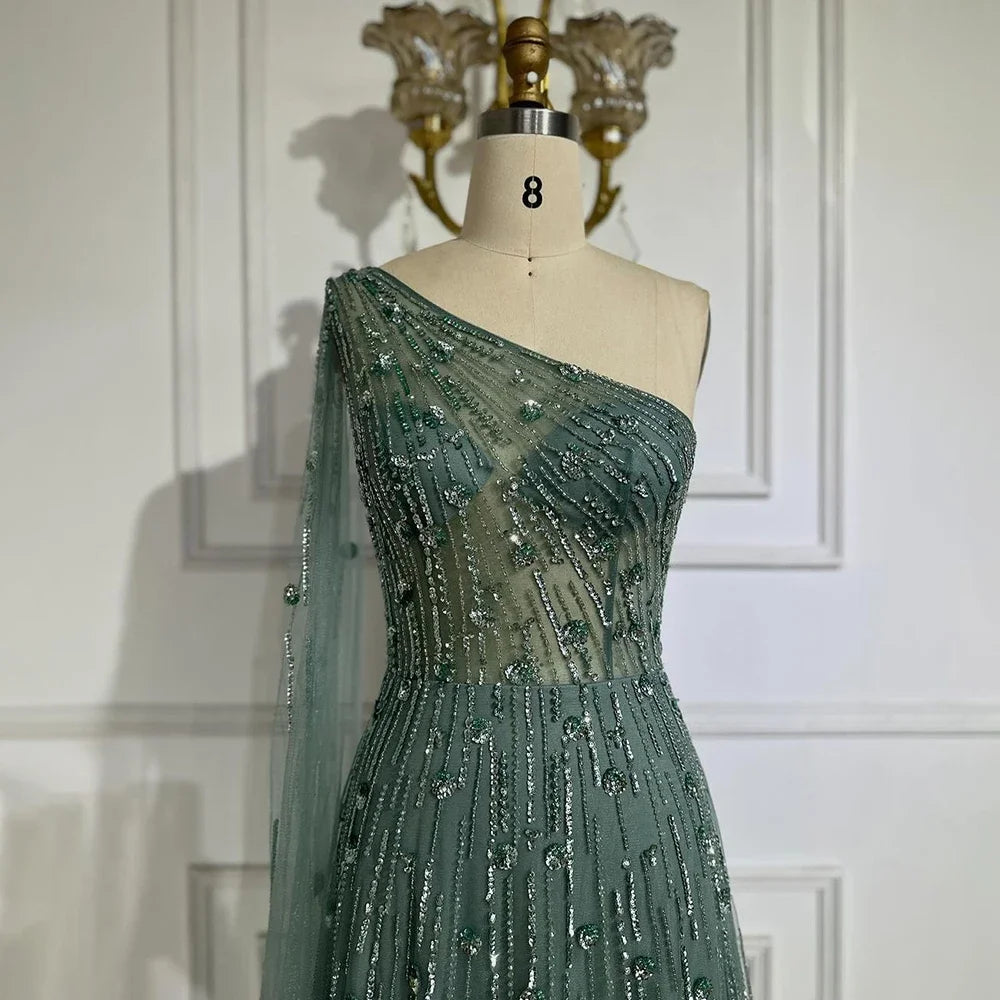 Dubai Green A Line One Shoulder Cape Sleeves Beaded Luxury Evening Dresses Gowns for Women Wedding Party LA72503