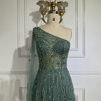 Dubai Green A Line One Shoulder Cape Sleeves Beaded Luxury Evening Dresses Gowns for Women Wedding Party LA72503