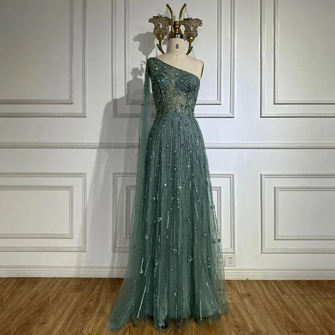 Dubai Green A Line One Shoulder Cape Sleeves Beaded Luxury Evening Dresses Gowns for Women Wedding Party LA72503