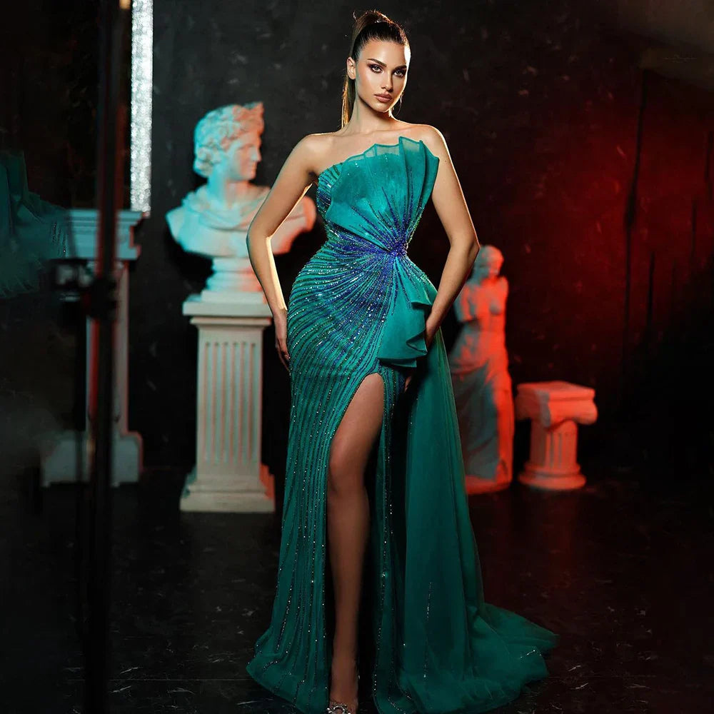 Dubai Green  Beaded Mermaid High Split Evening Gowns 2025 Prom Dresses For Women Wedding Party LA72090