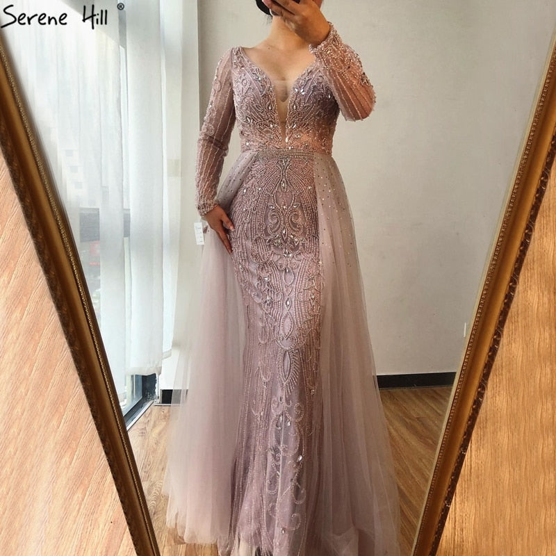 Dubai Grey V-NeckLong Sleeves Evening Dress 2025 Mermaid Crystal Beading Luxury Formal Party Gown CLA70433