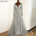 Dubai Grey V-NeckLong Sleeves Evening Dress 2025 Mermaid Crystal Beading Luxury Formal Party Gown CLA70433