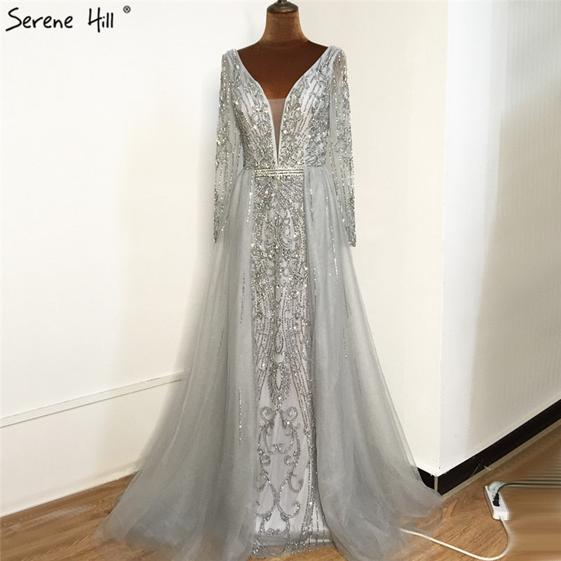 Dubai Grey V-NeckLong Sleeves Evening Dress 2025 Mermaid Crystal Beading Luxury Formal Party Gown CLA70433