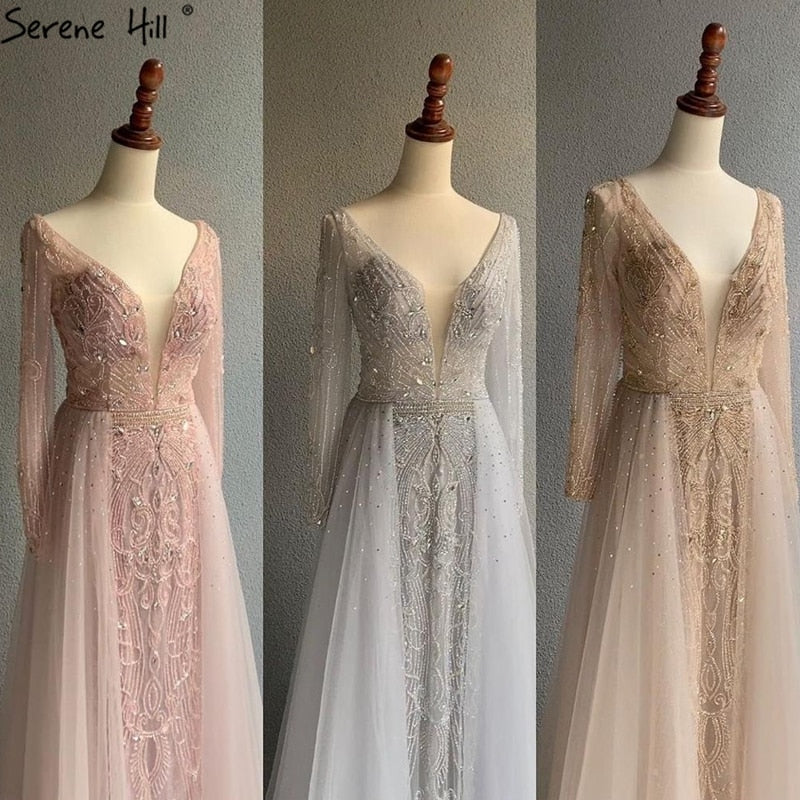 Dubai Grey V-NeckLong Sleeves Evening Dress 2025 Mermaid Crystal Beading Luxury Formal Party Gown CLA70433