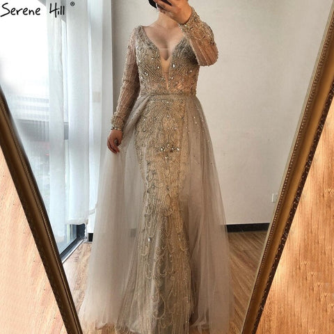 Robe de soirée sirène grise à col en V et manches longues, style Dubaï, avec perles en cristal, luxueuse tenue de soirée formelle, modèle 2025, CLA70433
