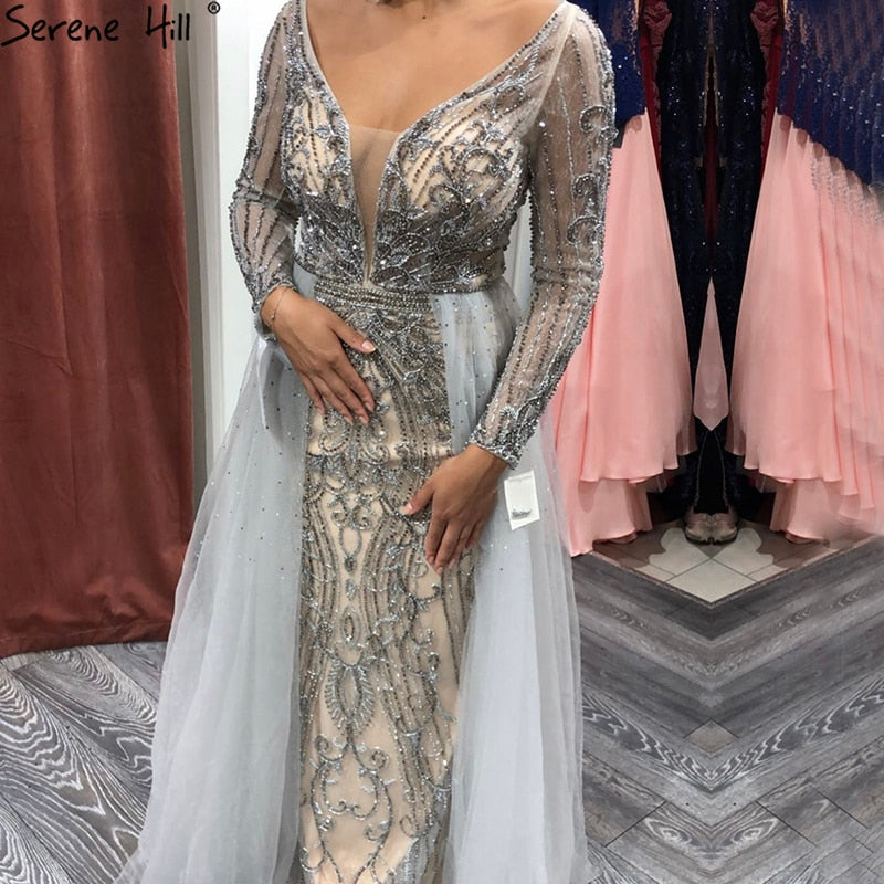 Dubai Grey V-NeckLong Sleeves Evening Dress 2025 Mermaid Crystal Beading Luxury Formal Party Gown CLA70433