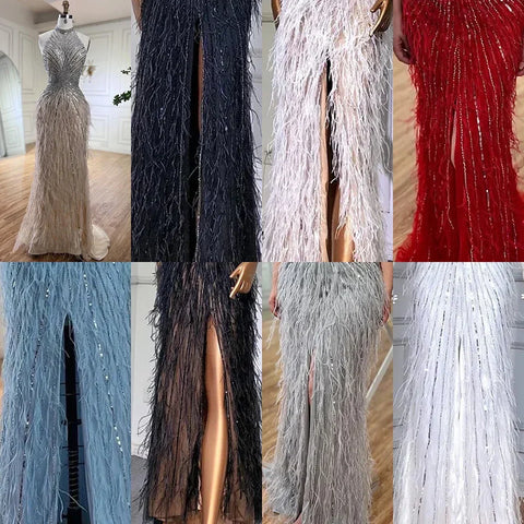 Dubai Halter Beige  Feathers Beaded Formal Luxury Mermaid Evening Dresses For Women Wedding Party 2025 LA70623A