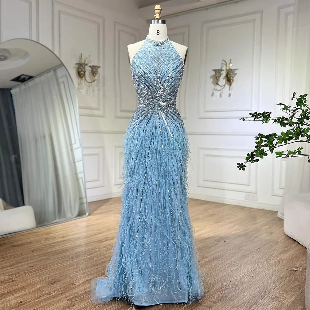 Dubai Halter Beige  Feathers Beaded Formal Luxury Mermaid Evening Dresses For Women Wedding Party 2025 LA70623A