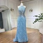 Dubai Halter Beige  Feathers Beaded Formal Luxury Mermaid Evening Dresses For Women Wedding Party 2025 LA70623A