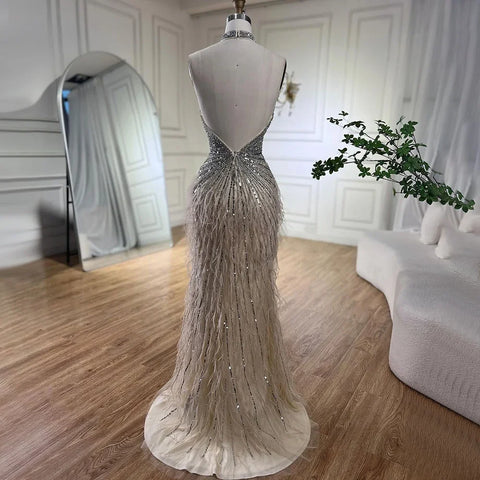 Dubai Halter Beige  Feathers Beaded Formal Luxury Mermaid Evening Dresses For Women Wedding Party 2025 LA70623A