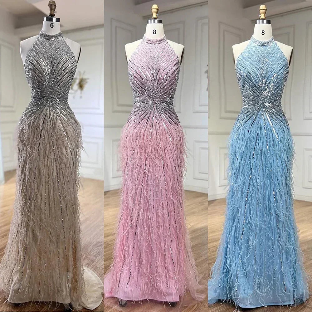 Dubai Halter Beige  Feathers Beaded Formal Luxury Mermaid Evening Dresses For Women Wedding Party 2025 LA70623A