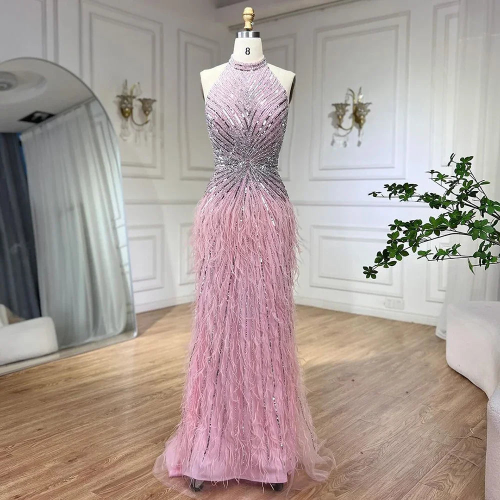 Dubai Halter Beige  Feathers Beaded Formal Luxury Mermaid Evening Dresses For Women Wedding Party 2025 LA70623A