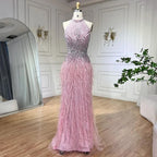 Dubai Halter Beige  Feathers Beaded Formal Luxury Mermaid Evening Dresses For Women Wedding Party 2025 LA70623A