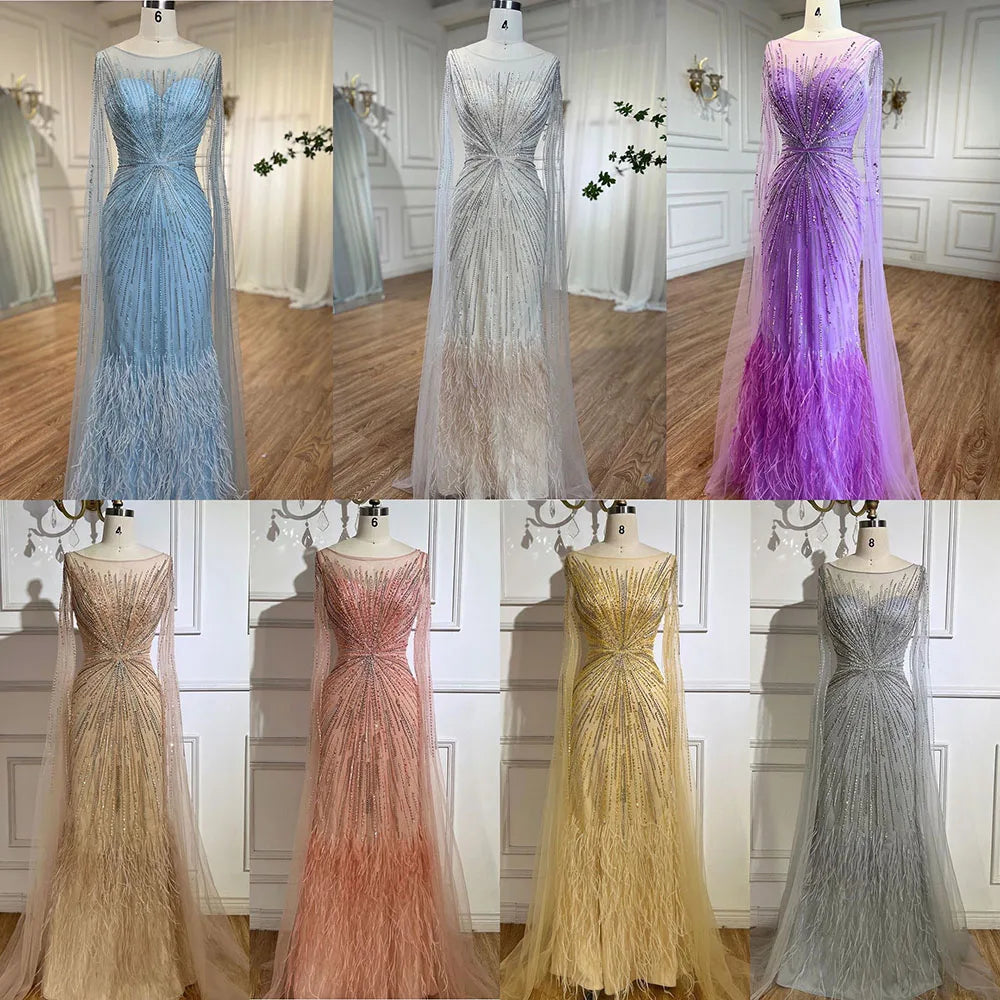 Luxury Lilac Feathers Evening Dresses with Cape Sleeves LA72036