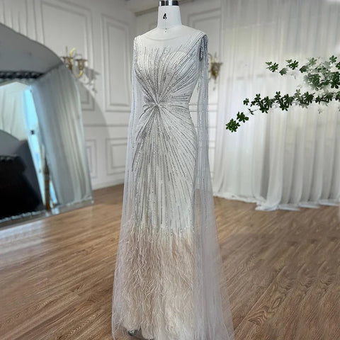 Luxury Lilac Feathers Evening Dresses with Cape Sleeves LA72036